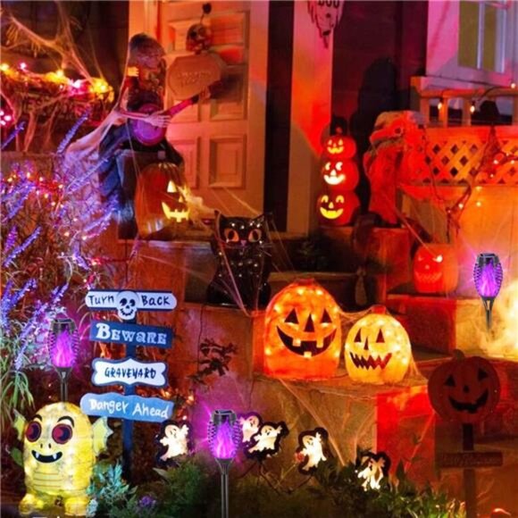 Solar Lights Outdoor,Halloween Decorations Purple Solar Tiki Torches for Outside - Picture 6 of 7